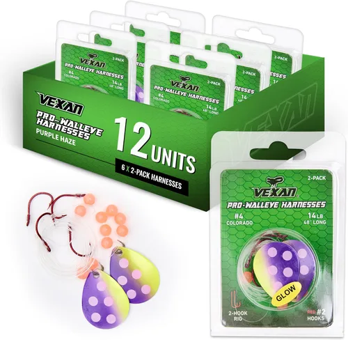 Miniatura 10 de Vexan Glow Walleye Spinner Rig - Live Bait Fishing Rig for Walleye with UV Glow Beads, #4 Colorado Spinning Plates, #2 Red J-Hook Setup, 48” Mono