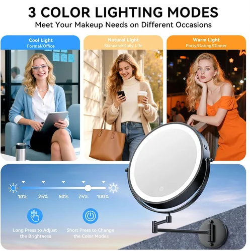 Miniatura 5 de Espejo de maquillaje iluminado de pared 30X/1X de 10 pulgadas, espejo de aumento de doble cara recargable de 5000 mAh con luz, espejo de tocador LED