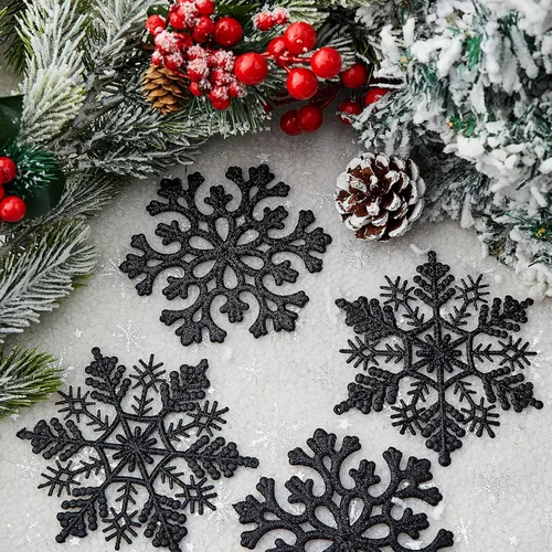 Miniatura 5 de 30 adornos de copos de nieve con purpurina de Navidad, adornos de copos de nieve de plástico - decoraciones para árbol de Navidad, 4.7 pulgadas Negro