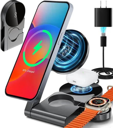 Miniatura 8 de Estación de carga inalámbrica 3 en 1 2026, estación de carga rápida Mag-Safe para cargador MagSafe de Apple, con cargador USB C, soporte de cargador