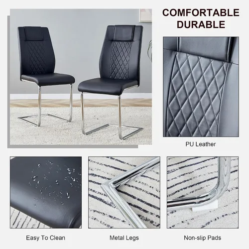 Miniatura 4 de Juego de mesa de comedor en blanco y negro de 51 pulgadas para 4, mesa de cristal minimalista moderna y 4 sillas tapizadas de piel sintética