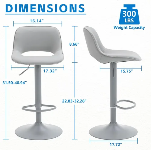 Miniatura 2 de YOUNIKE Juego de 2 Taburetes de Bar Todos Grises Giratorios, Taburetes de Bar Compactos Ajustables de Altura de Mostrador Tapizados en Cuero