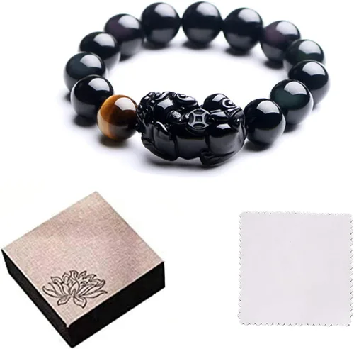 Miniatura 7 de Pulsera de obsidiana negra, pulsera de obsidiana negra Feng Shui para mujeres y hombres, pulsera elástica de obsidiana con piedra de ojo de tigre