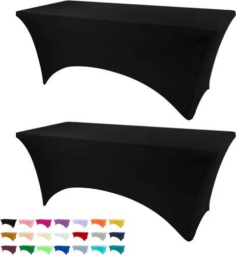 BDDC Mantel para mesas de 6 pies, paquete de 2 manteles elásticos rectangulares de 6 pies color negro, lavables y resistentes a las arrugas, para