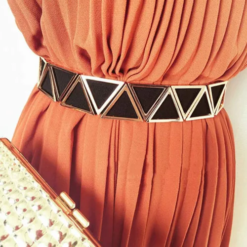 Miniatura 9 de Cinturón elástico ancho para mujer de metal triángulo para vestidos de señoras cinturones elásticos con hebilla de enclavamiento
