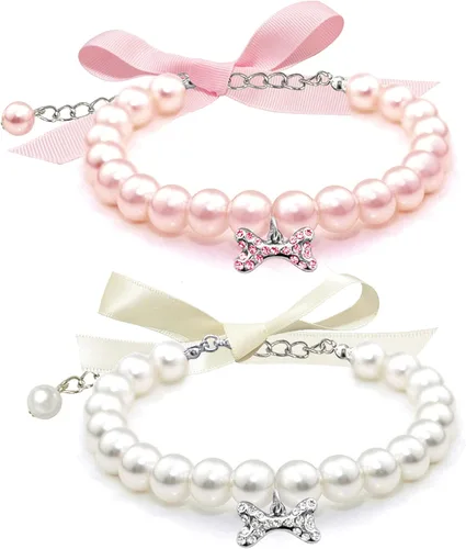 Miniatura 5 de Collar de perlas de perro y gato con hueso de diamantes de imitación, joyería de collar de boda para niñas, gatos, cachorros, accesorios