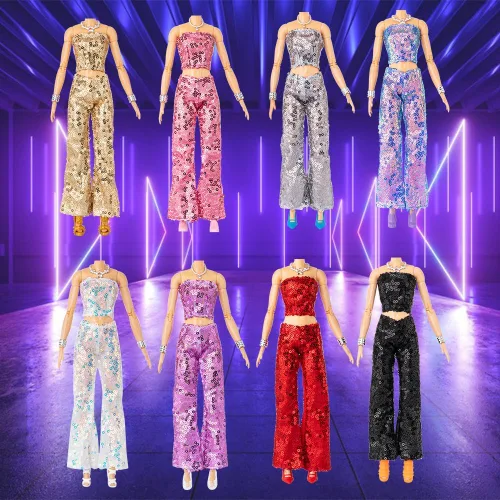 Miniatura 5 de Juego de armario de muñeca de 38 piezas, 8 trajes de lentejuelas con purpurina, 10 mini vestidos, 10 zapatos, 10 joyas, se adapta a muñecas de 11.5