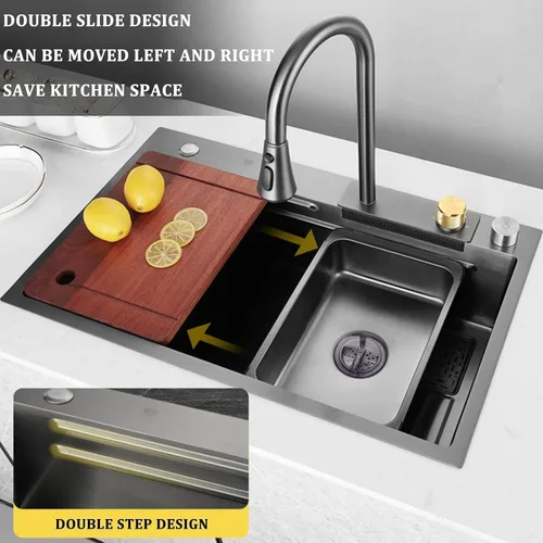 Miniatura 3 de Fregadero de cocina nano negro 304 de acero inoxidable 304, fregadero multiusos de preparación de barra de un solo tazón con grifo y montaje