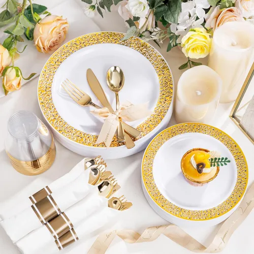 Miniatura 4 de WELLIFE Juego de vajilla para 50 invitados, platos de plástico dorados, platos para Fiestas elegantes Desechables incluyen: 50 platos llanos, 50