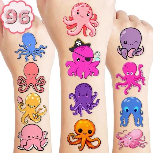 100 piezas temáticas de pulpo, regalos de fiesta de cumpleaños, suministros de decoración, pulpo, océano bajo el mar, animales, tatuajes temporales,