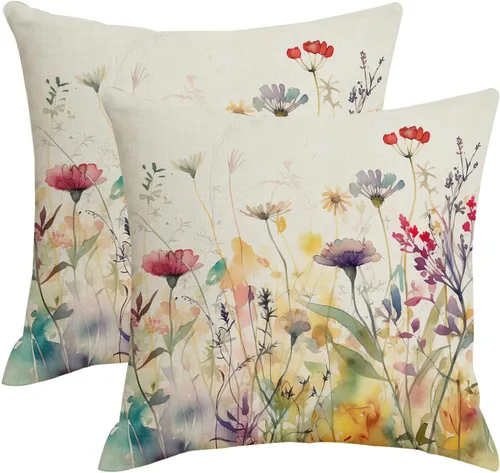 Miniatura 18 de AWJTNCQ Juego de 2 fundas de almohada florales de primavera de 18 x 18 pulgadas, fundas de almohada cuadradas decorativas de lino floral de verano