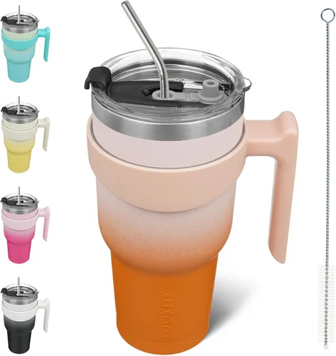Miniatura 70 de BJPKPK Vaso con asa de acero inoxidable de 20 onzas, con aislamiento de doble pared, con tapa y pajita, color rosa claro A-rosa claro