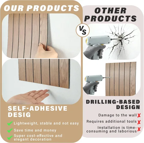 Miniatura 3 de 10 paneles de pared de listones de madera para despegar y pegar, paneles de pared decorativos de 12 x 12 pulgadas, paneles autoadhesivos con textura
