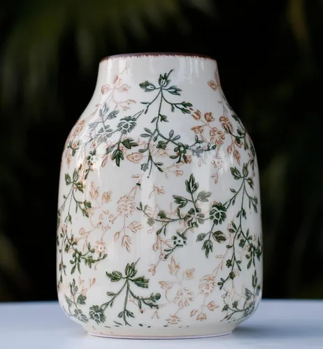 Jarrón floral decorativo de cerámica verde vintage para centros de mesa de ramo de flores, color beige, glaseado, grietas, rústico, para decoración