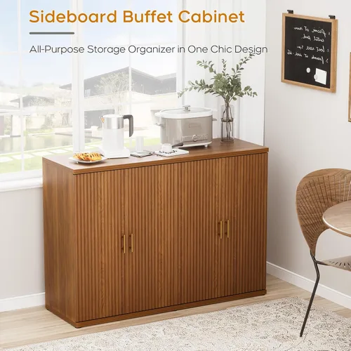Miniatura 5 de Yechen Armario de buffet acanalado con acento de nogal con almacenamiento y 4 puertas, armario de almacenamiento Mordern Credenza con estantes