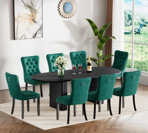 Miniatura 32 de Juego de 4 mesas de comedor extensibles, mesa de comedor ovalada negra y 4 sillas de comedor de terciopelo negro con patas de madera, juego de mesa