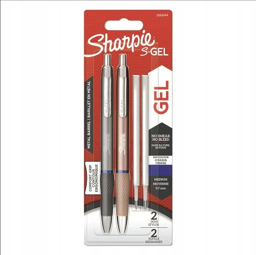 Sharpie S-Gel | Bolígrafos de gel metálicos | Punta media (0.7mm) | Gris acero y oro rosa | Tinta azul | 2 bolígrafos y 2 recargas