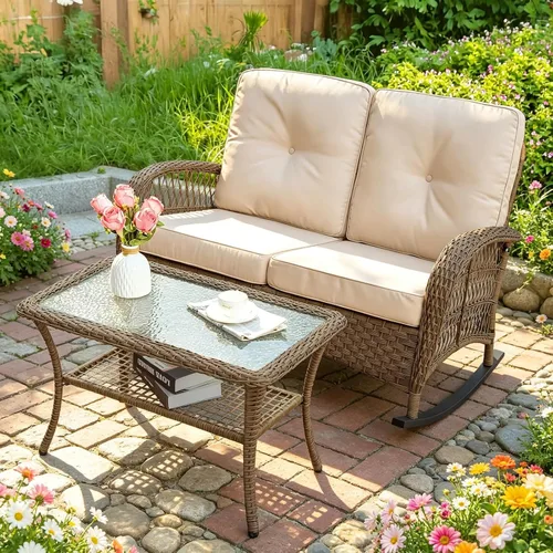 Miniatura 36 de MEETWARM Mecedora de mimbre para exteriores, sillas mecedoras de ratán para patio con cojines y respaldo alto, silla de mimbre para patio para todo
