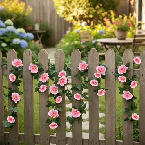 Miniatura 6 de Guirnalda de vid de rosas falsas de 16 pies, plantas artificiales para colgar, hiedra rosa, hogar, hotel, oficina, boda, fiesta, decoración