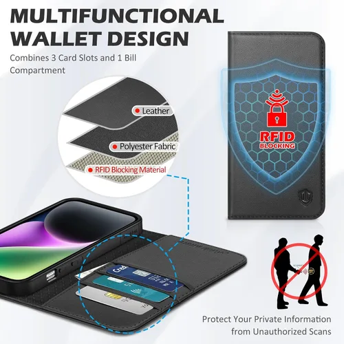 Miniatura 4 de SHIELDON Funda para iPhone 14 de 6.1", Funda tipo cartera de cuero genuino [Cierre magnético] [Ranuras para tarjetas con bloqueo RFID] [Soporte]