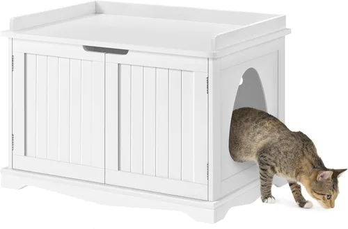 Yaheetech Caja de arena para gatos, muebles de arena ocultos, baño para gatos, jaula para mascotas, banco de almacenamiento decorativo para Blanco