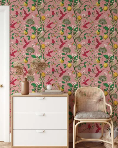 Miniatura 3 de Papel tapiz rosa de colibrí y árbol de limón Mural autoadhesivo extraíble de pájaros Papel tapiz botánico para despegar y pegar