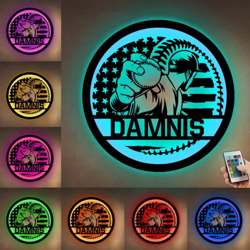 Miniatura 20 de Letrero de metal personalizado para jugador de béisbol con luz LED, nombre y número personalizado, arte de pared de béisbol, letrero de neón