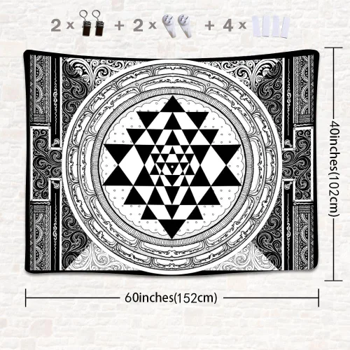 SHRAPHY Tapiz Sri Yantra de 60 x 40 pulgadas, tapiz de meditación sentado, geometría sagrada, tapiz de arte blanco y negro para colgar en la pared