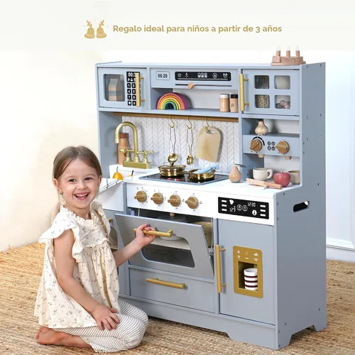 Miniatura 7 de Cocina de madera de juguete para niños – Juego de cocina de simulación con estufa realista, fregadero, cafetera, máquina de hielo, cocina de juguete