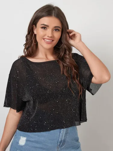 Miniatura 4 de Romwe Camiseta de manga corta transparente con purpurina para mujer talla grande de malla transparente