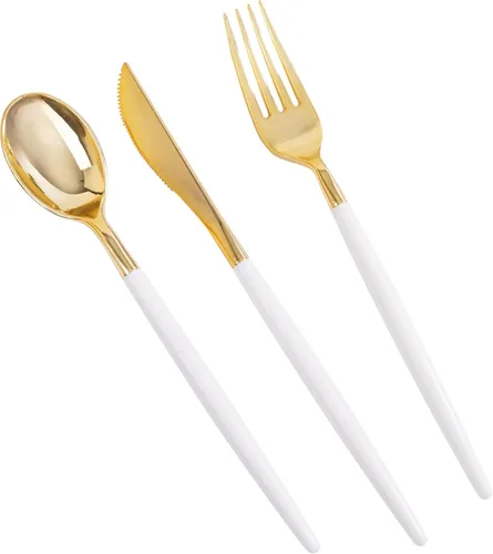 Miniatura 13 de MirthMood - 36 cubiertos de plástico dorados, cubiertos dorados desechables, utensilios desechables resistentes, juego de cubiertos de plástico