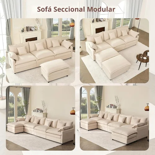 Miniatura 8 de GOSUHI - Sofá en forma de U de 108", sofá seccional modular, sofá de nube de 3 plazas con otomana móvil, sofás de asiento profundo para sala de Beige