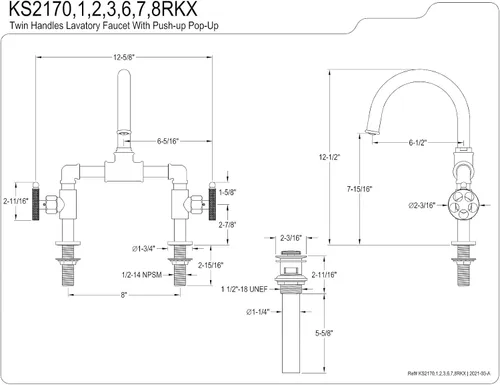 Miniatura 2 de Kingston Brass KS2177RKX Webb - Grifo de baño con dos manijas y 2 agujeros para montaje en cubierta con mango moleteado y drenaje emergente