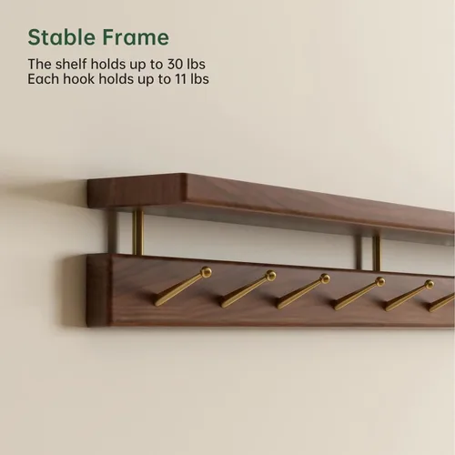 Miniatura 3 de Ganchos de pared de nogal con estante, perchero de pared, estante colgante de entrada con 9 ganchos de latón para sombreros, ropa, toallas, bolsos