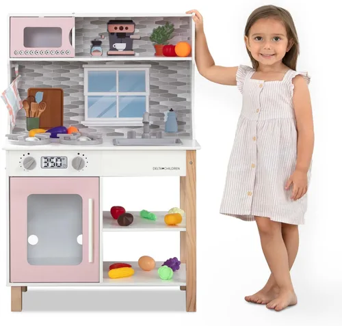 Delta Children Tiny Chef Play Kitchen - Juego de cocina de juguete con perillas realistas que giran/hacen clic, horno, fregadero, microondas y 15