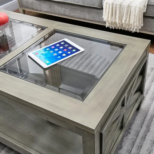 Miniatura 4 de LEEMTORIG KFZ-1318-AN - Mesa de centro de madera maciza de cristal con almacenamiento, mesa de centro de madera rústica para sala de estar