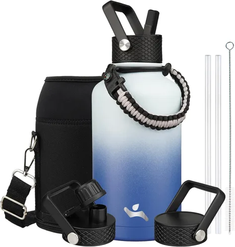 Miniatura 34 de Konokyo - Botella de agua aislada de 18 onzas, botellas deportivas de acero inoxidable con 3 tapas, verde militar