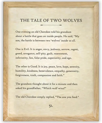 The Tale of Two Wolves - Póster enmarcado de 11 x 14 pulgadas, listo para colgar, arte de pared con cita inspiradora de la parábola Cherokee,