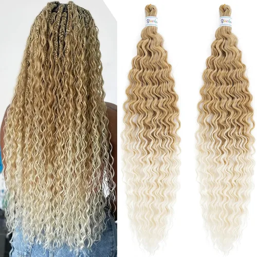 Miniatura 31 de Cabello para trenzar rizado ondulado negro 1B preestirado de onda oceánica profunda de ganchillo bohemio para trenzar de 16 pulgadas, 2 paquetes