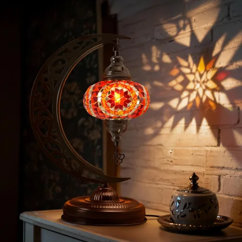 Miniatura 9 de Lámpara de mesa turca de mosaico en forma de media luna, lámpara de escritorio marroquí estilo luna boho hecha a mano, iluminación decorativa