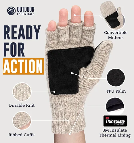 Miniatura 3 de Guantes de invierno sin dedos, guantes de lana convertibles para hombres y mujeres, guantes de nieve cálidos de punto térmico para clima frío