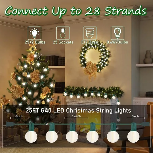 Miniatura 2 de Guirnalda de luces LED G40 para exteriores de 25 pies, luces de Navidad con forma de globo esmerilado con 27 (2 de repuesto) bombillas redondas