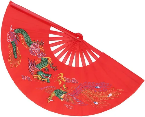 Miniatura 7 de Tbest Ventilador chino rojo, ventilador plegable de mano rojo, ventilador de lucha de artes marciales, danza, dragón de bambú + ventilador de mano