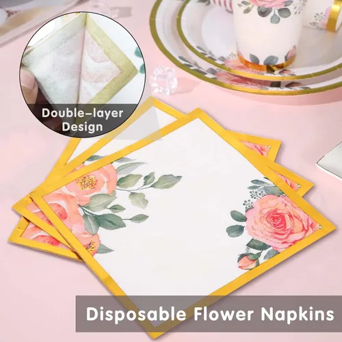Miniatura 4 de Juego de 350 platos de papel floral, platos desechables con borde dorado para 50 invitados, suministros de fiesta para adultos, jardín, fiesta