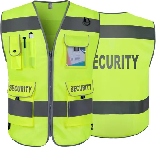 TCCFCCT Chaleco de seguridad para guardia de seguridad de 9 bolsillos, chaleco reflectante de alta visibilidad para hombres y mujeres, chaleco de