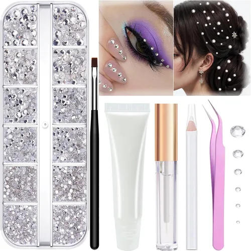 Miniatura 10 de Gemas de diamantes de imitación para el cabello con pegamento de maquillaje, parte trasera plana, joyas coloridas de cristal medio redondo perla