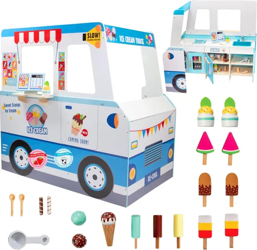 Juego de camión de helados de madera - 20 piezas de juguetes divertidos incluyendo congelador, volante, fregadero y lámina de pegatinas para niños