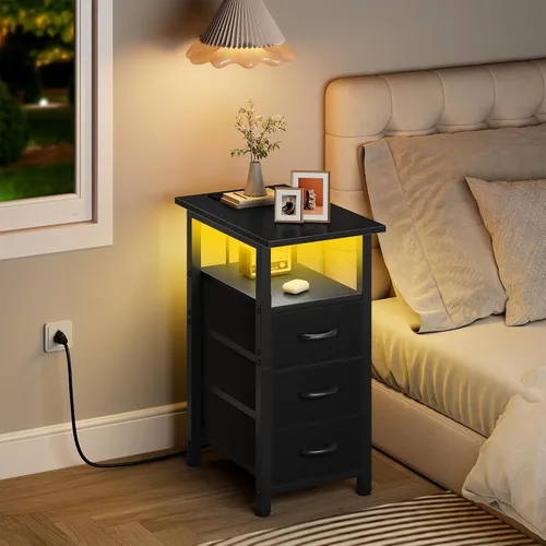 Miniatura 2 de Vagusicc Mesita de noche negra con estación de carga y luces LED, mesa auxiliar estrecha, mesita de noche LED con 3 cajones de tela para dormitorio