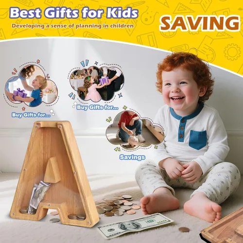 Miniatura 3 de Alcancía de Madera Personalizada con Letras del Alfabeto, Banco de Monedas con Letras del Alfabeto para Niños, Niñas y Bebés, Tamaño Grande, 26