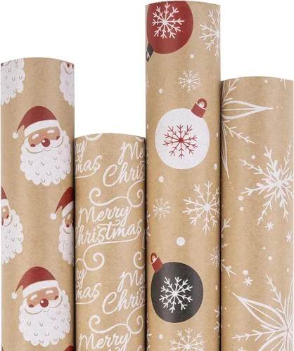 Miniatura 17 de RUSPEPA - Papel para envolver regalos de Navidad, papel kraft – diseños de ciervos, copos de nieve y cuadros – 4 rollos – 30 pulgadas x 10 pies por